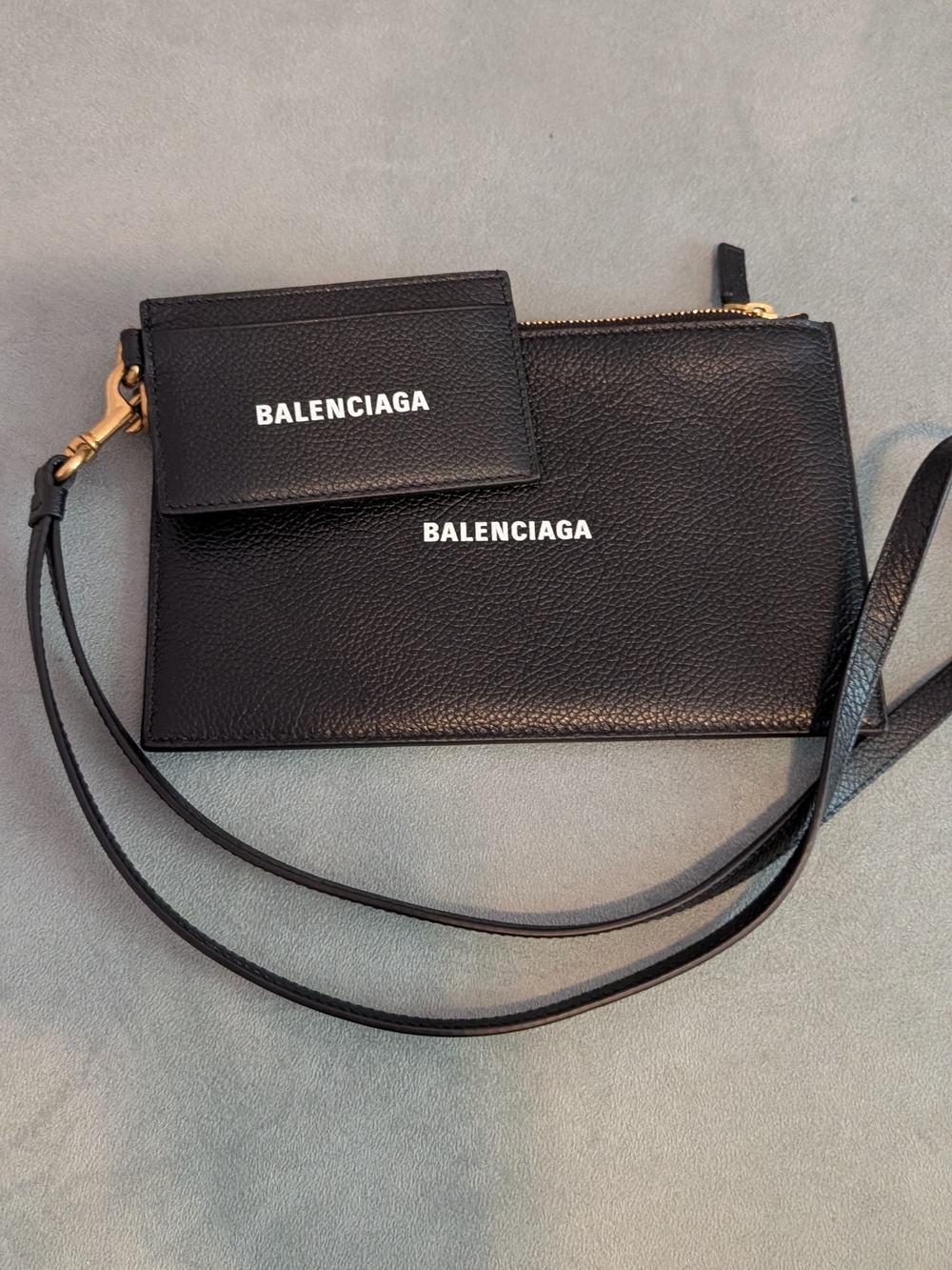 Balenciaga Black Leather Pouch/Wallet And Card Case On A Strap.